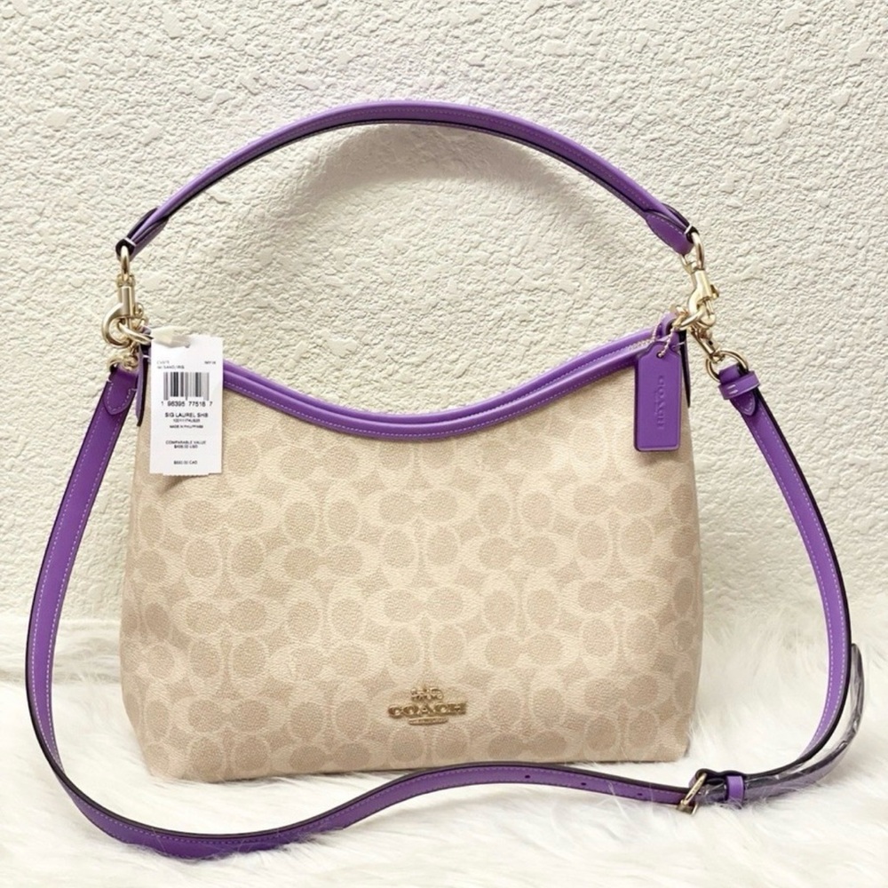 Coach Beige Signature Canvas Shoulder Bag with Purple Trim